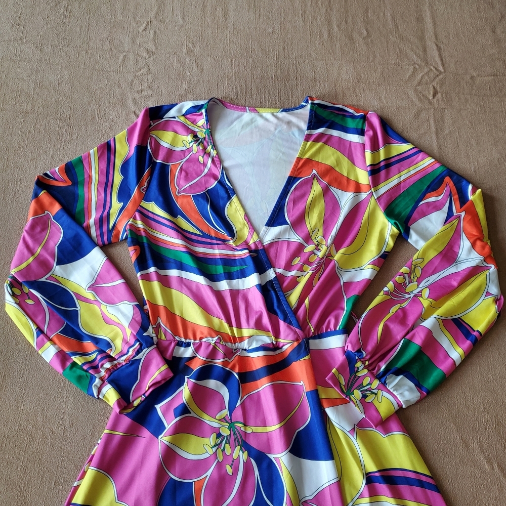 Retro Print Psychedelic Floral Wrap Dress Maxi Large - Picture 6 of 6